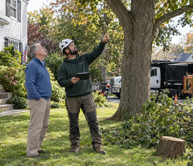 Arborist inspecting a tree with a homeowner