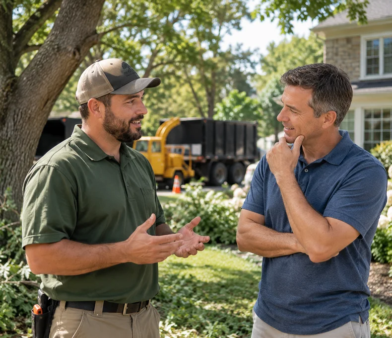 Tree care professional discussing service with a homeowner