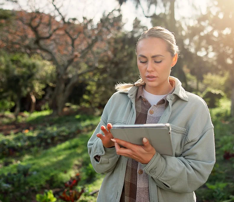 Tree care professional using a tablet during an outdoor inspection