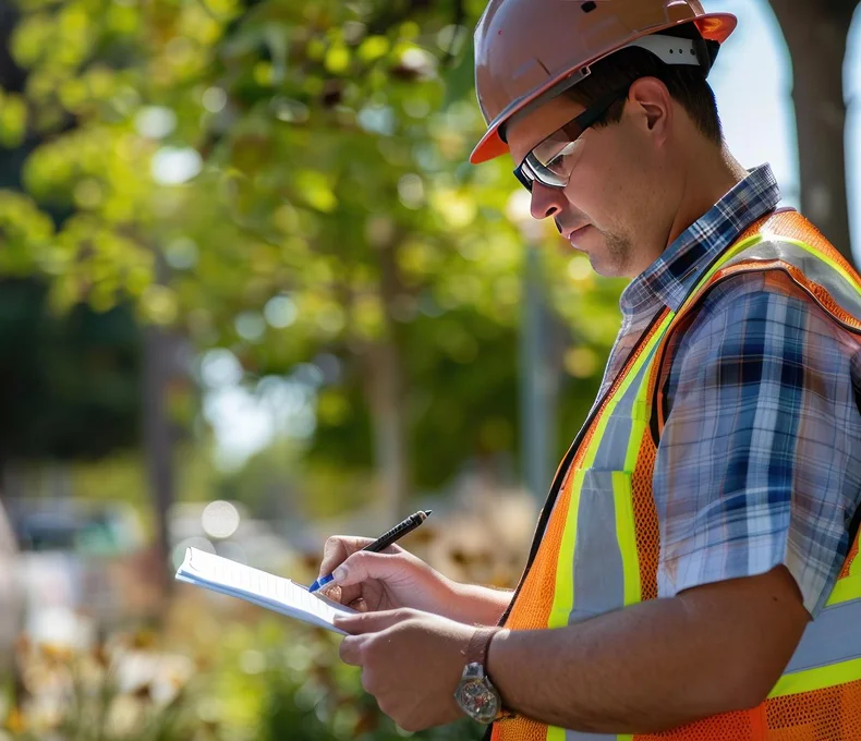 Tree service professional taking notes during a site inspection