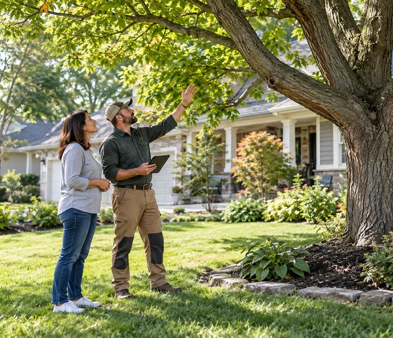 Arborist inspecting a tree with a homeowner