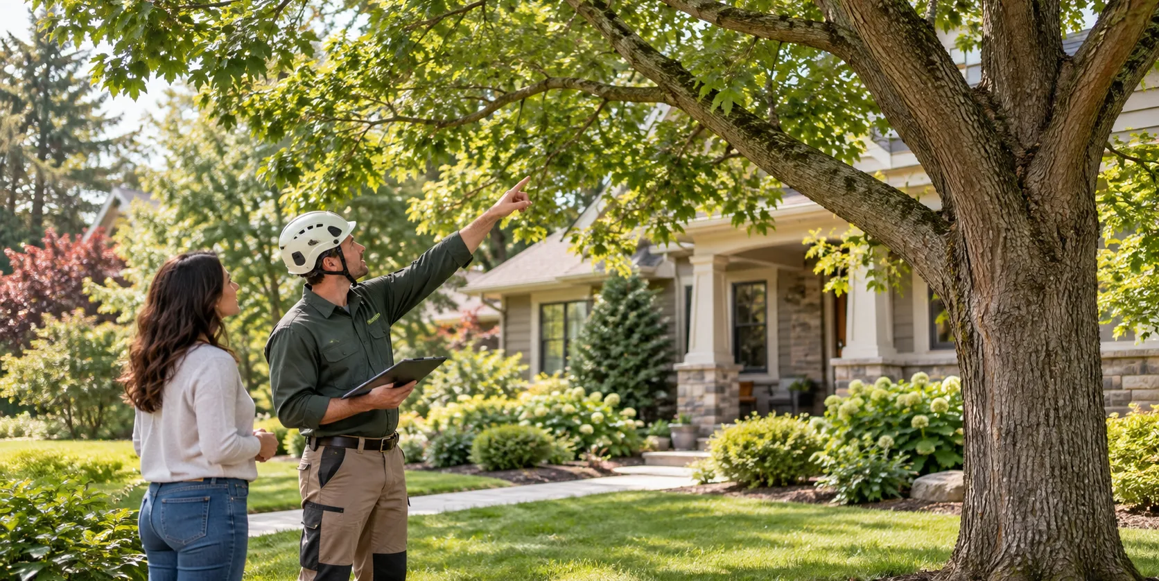 Arborist pointing out tree branches to a homeowner.
