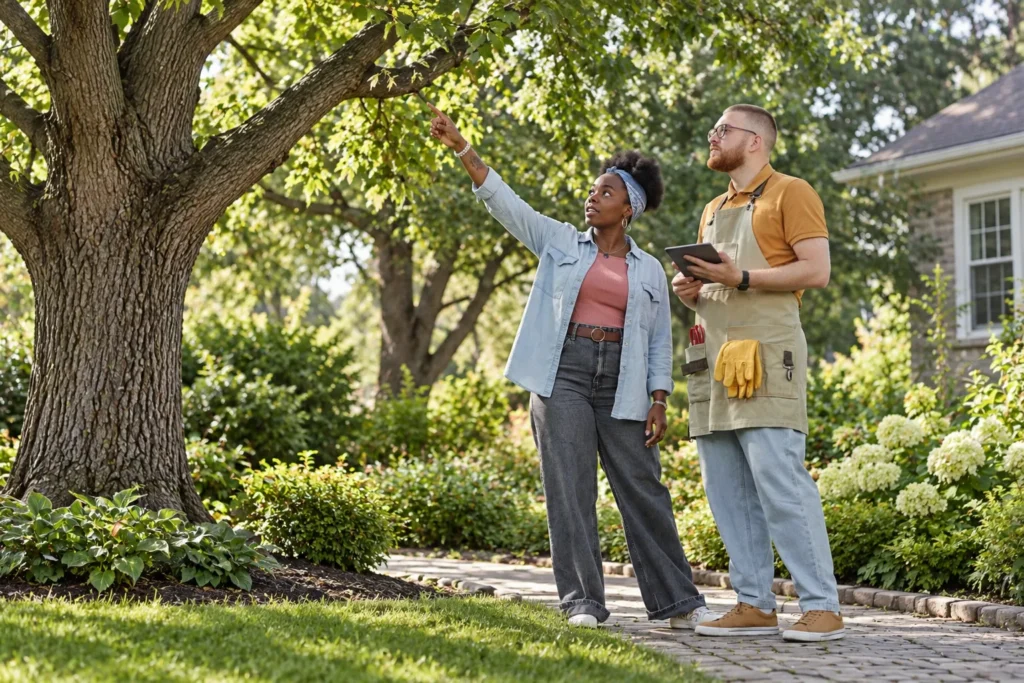 Arborist and homeowner looking at a tree in a garden.