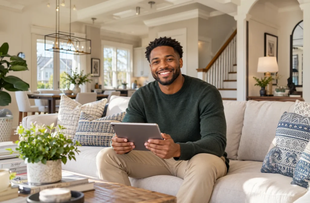 Man using a tablet while sitting on a sofa.