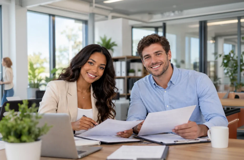 Two people reviewing documents together at a desk.