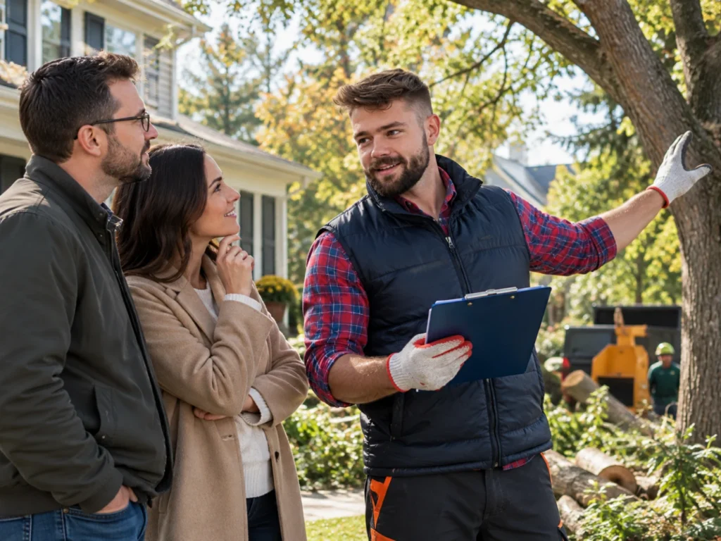 Tree service professional discussing a tree with property owners.